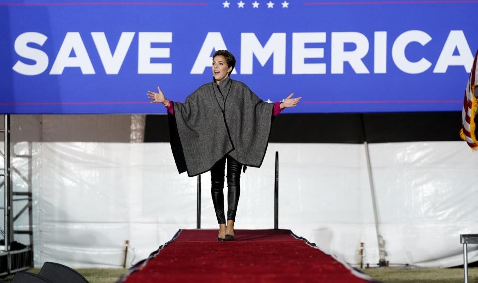 Arizona Republican candidate for governor Kari Lake acknowledges the crowd at a rally in Florence, Ariz.