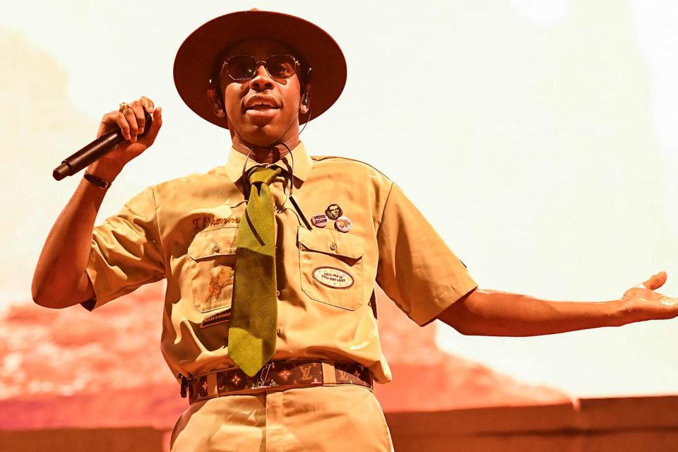 <p>VALERIE MACON/AFP via Getty</p> Tyler, the Creator performs on stage during the Coachella Valley Music and Arts Festival at the Empire Polo Club in Indio, California, on April 13, 2024