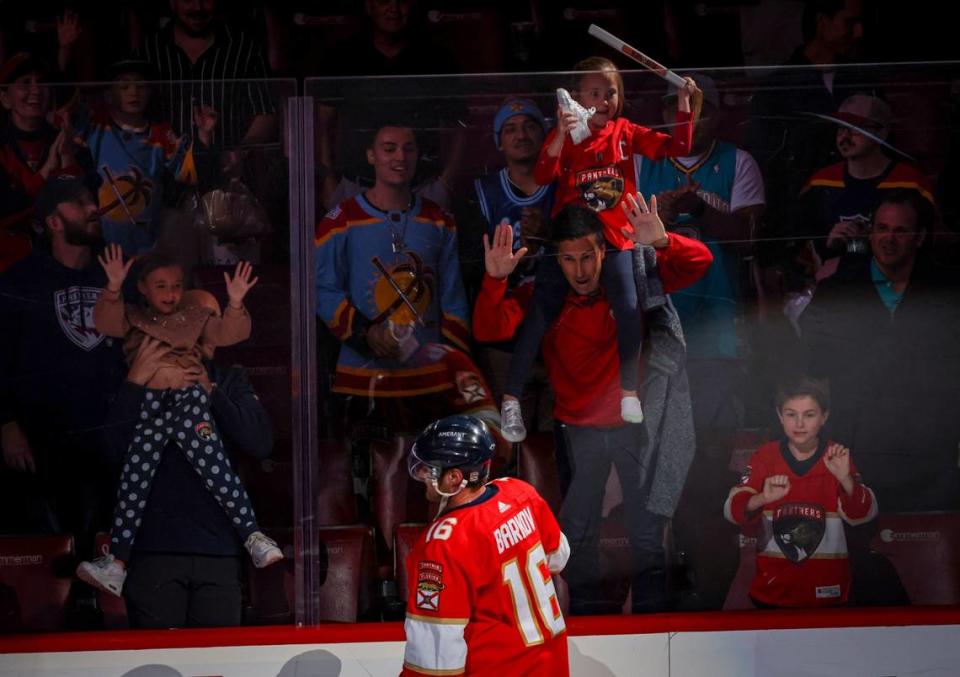 Florida Panthers center Aleksander Barkov (16) was third start of the game and gives his stick to a fan after a NHL game between the Florida Panthers and the Vegas Golden Knights on Tuesday, March 7, 2023, at FLA Live Arena. The Panthers won 2-1.
