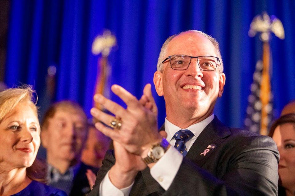 Louisiana Gov. John Bel Edwards prepares to speak at his election night watch party in Baton Rouge, La., Saturday, Oct. 12, 2019.