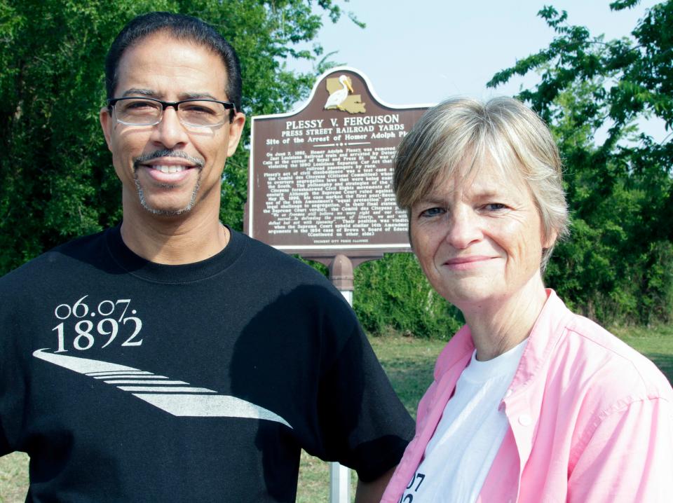 Keith Plessy and Phoebe Ferguson, descendants of the principals in the Plessy V. Ferguson court case, pose for a photograph in front of a historical marker in New Orleans, on Tuesday, June 7, 2011.  Homer Plessy, the namesake of the U.S. Supreme Court’s 1896 “separate but equal” ruling, is being considered for a posthumous pardon. The Creole man of color died with a conviction still on his record for refusing to leave a whites-only train car in New Orleans in 1892.