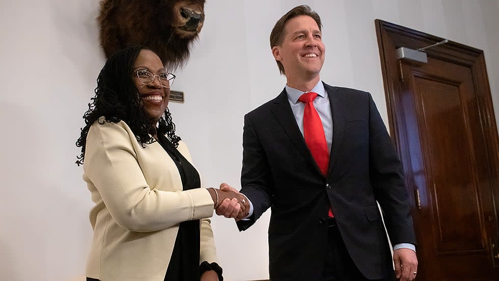 Supreme Court Nominee Judge Ketanji Brown Jackson meets with Sen. Ben Sasse (R-Neb.) in his office on Thursday, March 3, 2022.