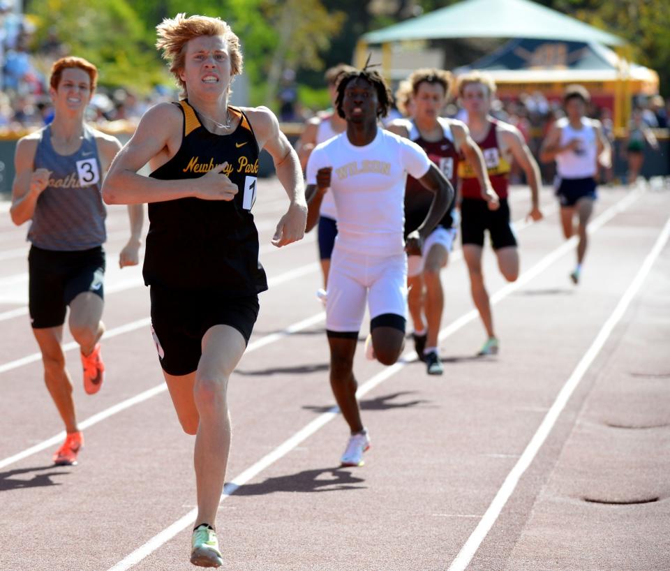 Aaron Sahlman of Newbury Park leads the pack in the Division 1 boys 800-meter run during the CIF-Southern Section Track and Field Championships at Moorpark High on Saturday, May 14, 2022. Sahlman won with a time of 1:52.54.