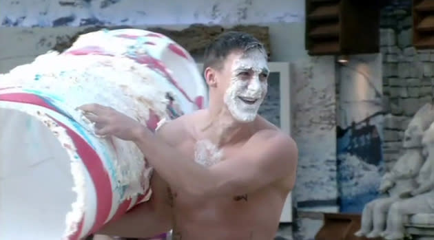 Kirk Norcross got himself covered in birthday cake during Frankie Cocozza’s celebrations in the Celebrity Big Brother house. However, this was just the beginning of the antics – later Denise Welch stripped her top off and got into the hot tub with Frankie. Nicola McLean had to present her with a top to protect her modesty.