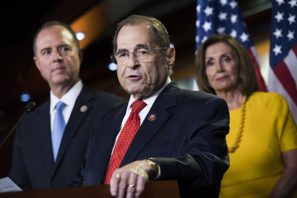 From left, House Intelligence Committee Chairman Adam Schiff, D-Calf., Judiciary Chairman Jerrold Nadler, D-N.Y., and Speaker Nancy Pelosi, D-Calif., conduct a news conference on the testimony of former special counsel Robert Mueller on his investigation into Russian interference in the 2016 election on Wednesday, July 24, 2019. (Photo: Tom Williams/CQ Roll Call via Getty Images)