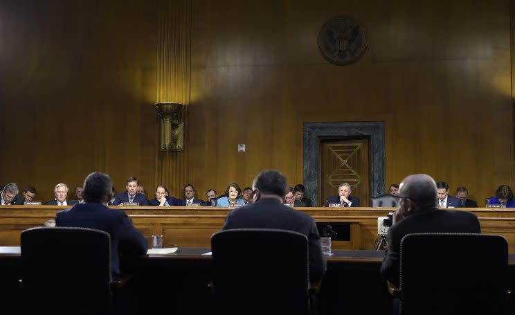 Clint Watts, Eugene Rumer, and Roy Godson testify before the Senate intelligence committee on Capitol Hill on March 30, 2017.