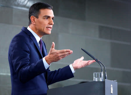 Spain's Prime Minister Pedro Sanchez holds a news conference after an extraordinary cabinet meeting in Madrid, Spain, February 15, 2019. REUTERS/Juan Medina