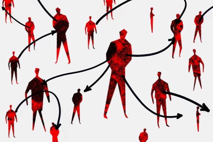 An illustrated network of people in red connected by black arrows