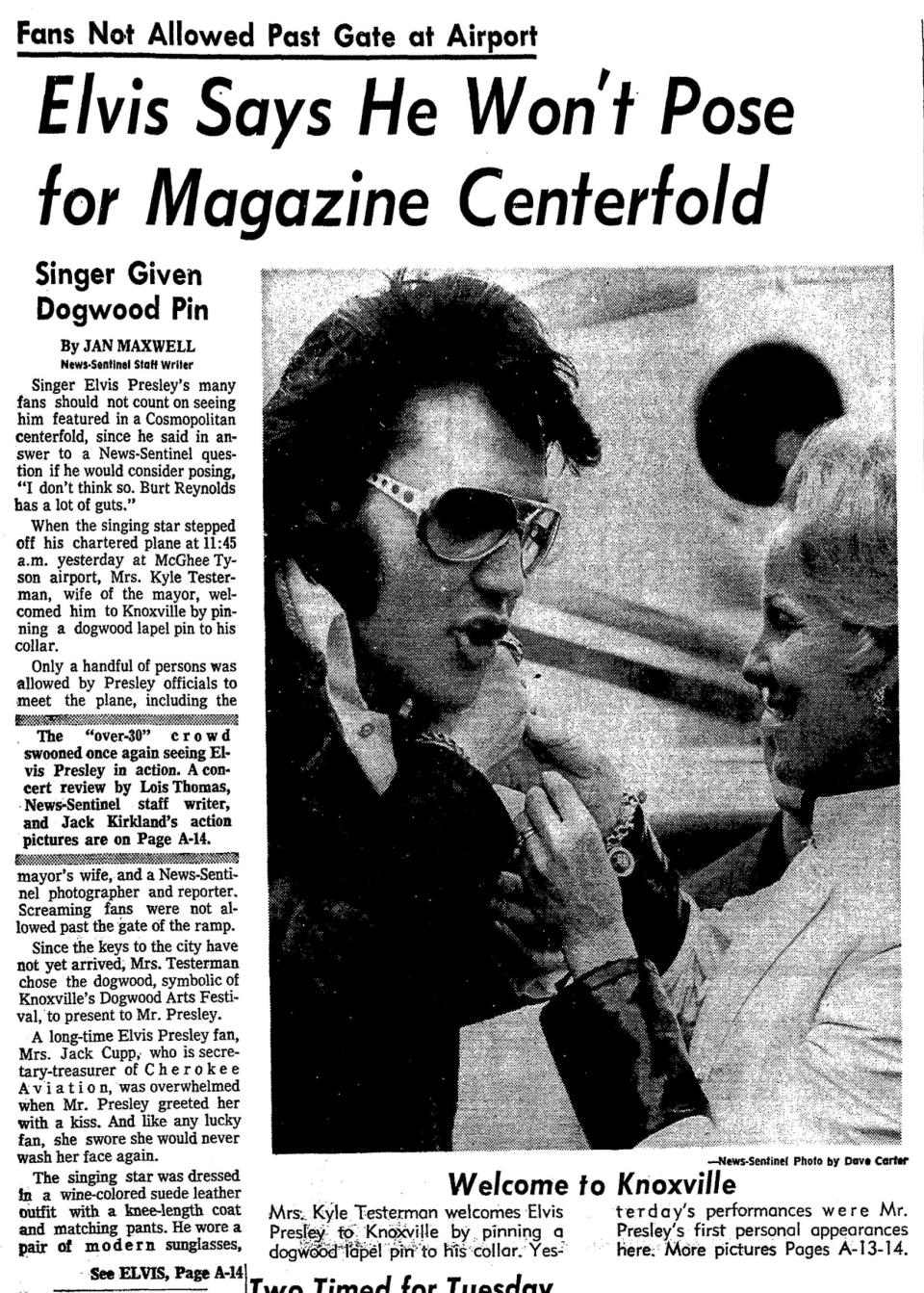 A front-page story showed a photo of Elvis greeting Janet Testerman, with the headline "Elvis Says He Won't Pose for Magazine Centerfold."