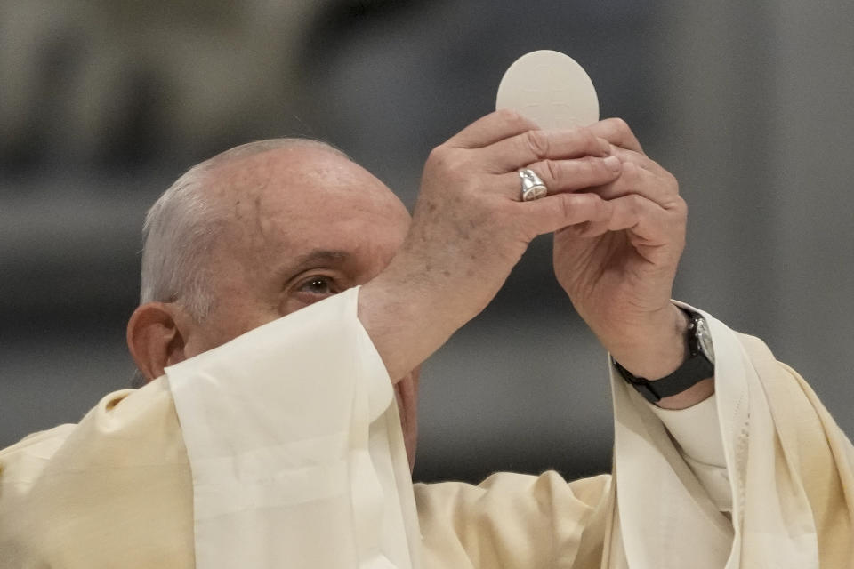 Pope Francis arrives to celebrate Mass on the occasion of the Christ the King festivity, in St. Peter's Basilica at the Vatican, Sunday, Nov. 21, 2021. (AP Photo/Andrew Medichini)