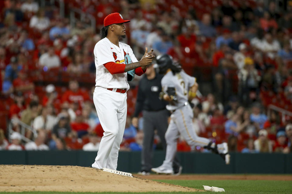 St. Louis Cardinals relief pitcher Genesis Cabrera (92) pauses on the mound after giving up a solo home run to Pittsburgh Pirates' Connor Joe during the eighth inning of a baseball game Thursday, April 13, 2023, in St. Louis. (AP Photo/Scott Kane)