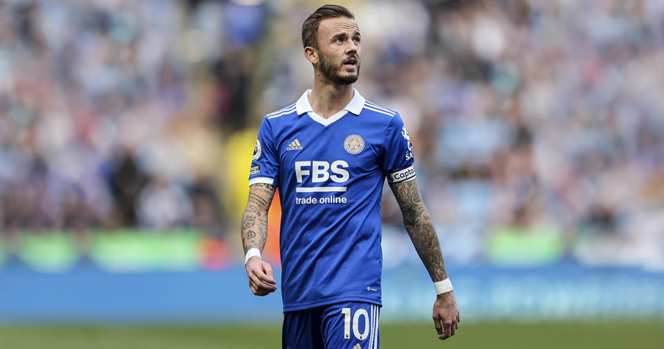 James Maddison of Leicester City during the Premier League match between Leicester City and AFC Bournemouth at The King Power Stadium on April 08, 2023 in Leicester, England