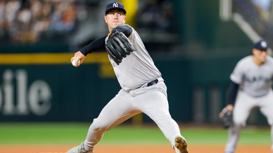 Sep 4, 2024; Arlington, Texas, USA; New York Yankees pitcher Mark Leiter Jr. (38) comes on to pitch during the sixth inning against the Texas Rangers at Globe Life Field. 