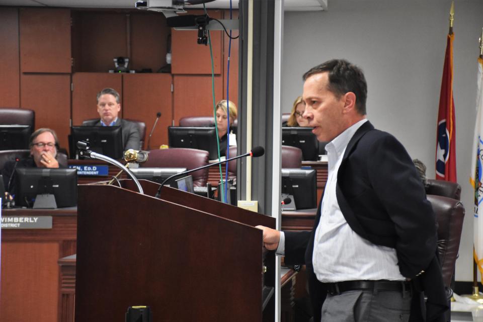 Mitch Emoff speaks to the Williamson County board of education on Thursday, July 21, 2022 in Franklin, Tenn. Emoff is a board member for Founders Classical Academy, a charter school aiming to be approved for operation in both Williamson and Sumner counties.
