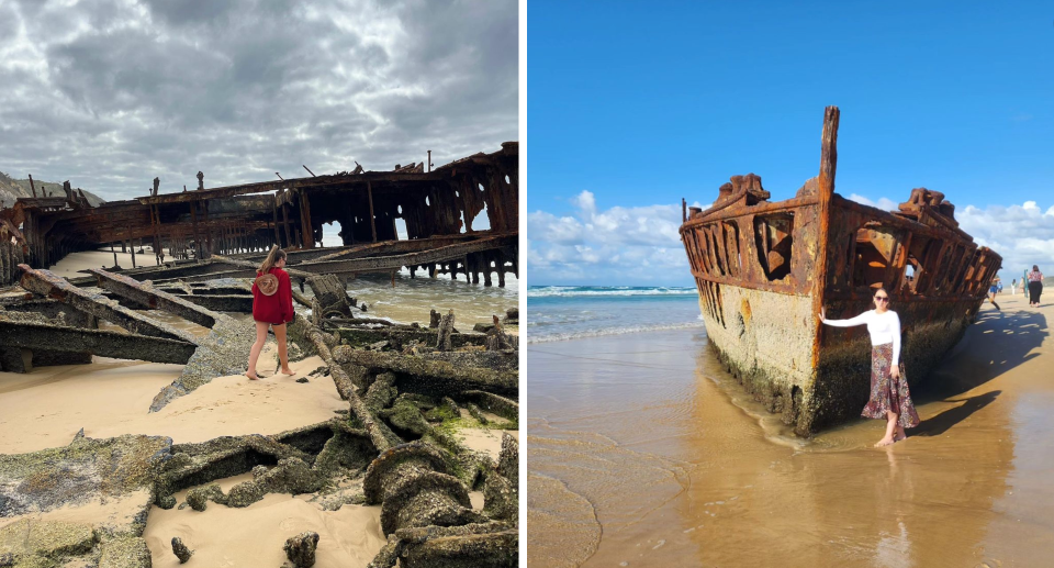 A tourists photographed in the hull of the SS Maheno on K'gari, and right another touching the rusty bow.