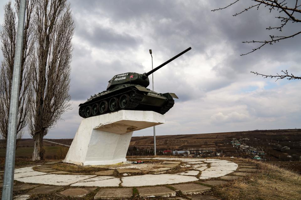 A World War II-era Soviet tank display sits near the border of Moldova and the breakaway territory of Transnistria.