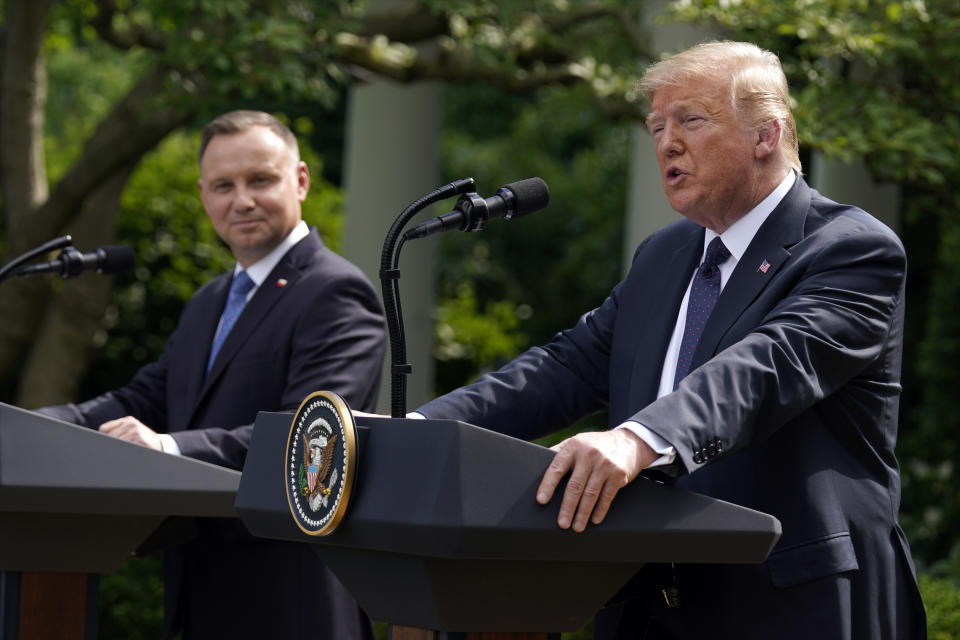 President Donald Trump speaks during a news conference with Polish President Andrzej Duda in the Rose Garden of the White House, Wednesday, June 24, 2020, in Washington. (AP Photo/Evan Vucci)
