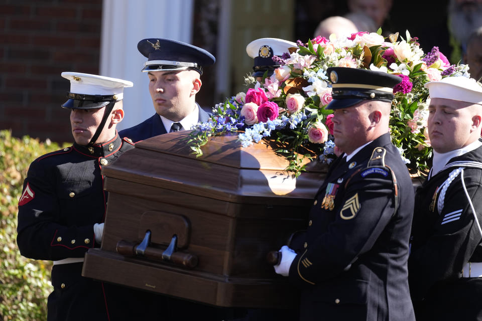 An Armed Forces body bearer team carries the casket after the funeral service for former first lady Rosalynn Carter at Maranatha Baptist Church, Wednesday, Nov. 29, 2023, in Plains, Ga. The former first lady died on Nov. 19. She was 96. (AP Photo/John Bazemore)