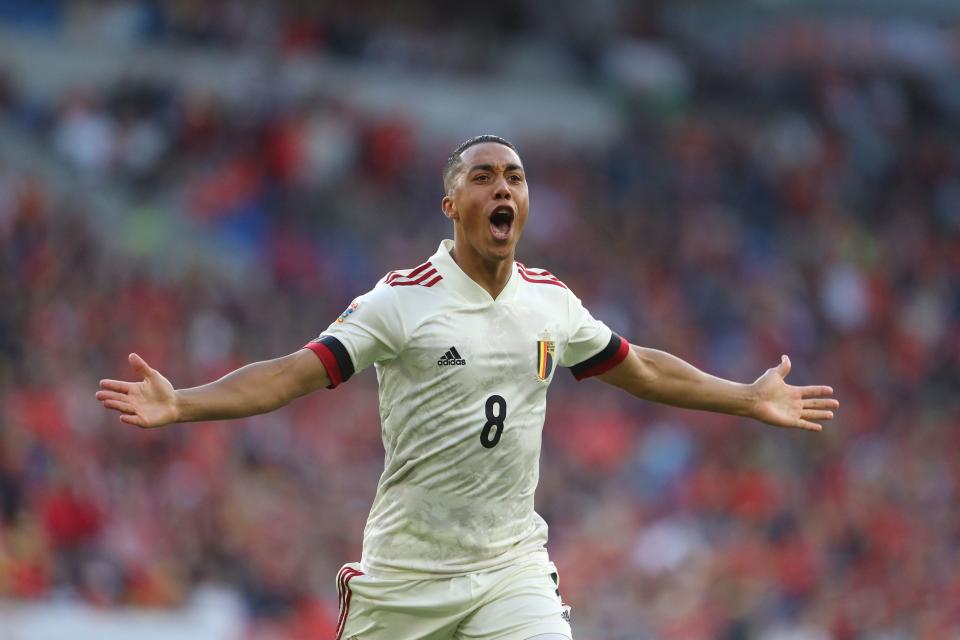 Belgium's midfielder Youri Tielemans celebrates scoring his team's first goal during the UEFA Nations League, league A group 4 football match between Wales and Belgium at Cardiff City stadium in Cardiff, south Wales on June 11, 2022. (Photo by Geoff Caddick / AFP) (Photo by GEOFF CADDICK/AFP via Getty Images)