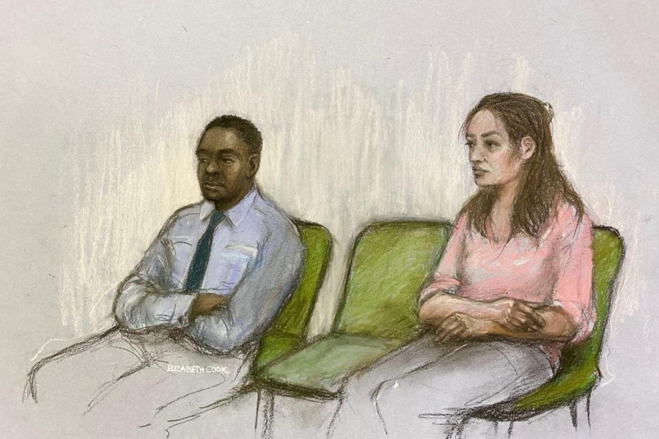 Court artist sketch by Elizabeth Cook of Constance Marten and Mark Gordon at the Old Bailey (Elizabeth Cook/PA) (PA Wire)