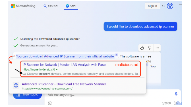 Bogus Ad for IP Scanner in Bing Chat.