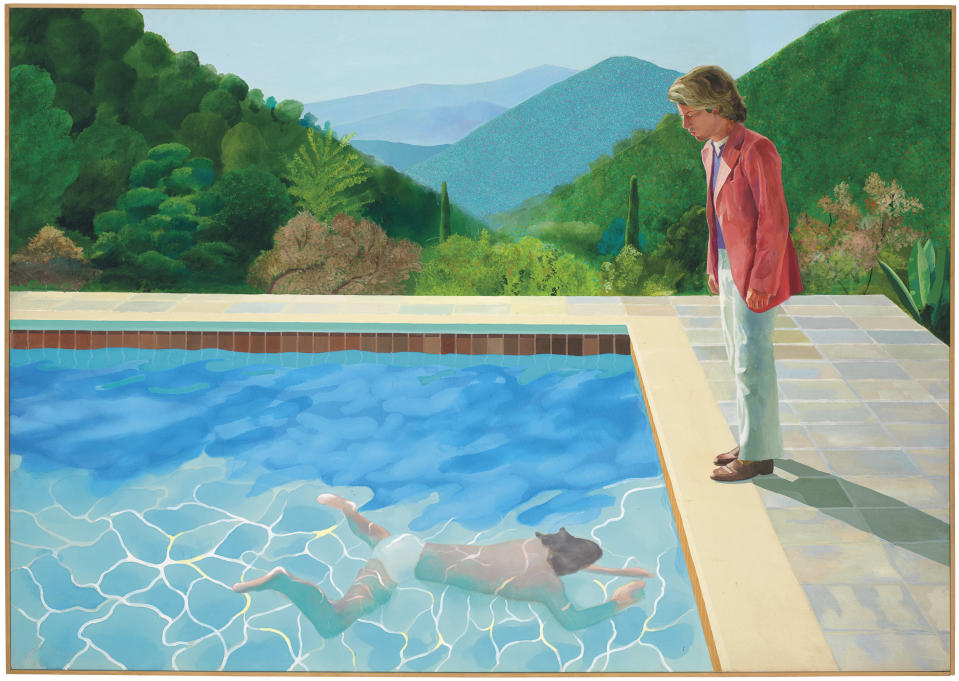 In this undated photo provided by Christie's Images LTD, a 1972 painting entitled "Portrait of an Artist (Pool with Two Figures)," by British artist David Hockney is shown. The painting, considered one of Hockney's premier works, was sold at auction by Christie's in New York for $90.3 million. (David Hockney/Courtesy of Christie's Images LTD via AP)