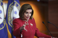 FILE - In this Sept. 8, 2021, file photo speaker of the House Nancy Pelosi, D-Calif., meets with reporters to discuss President Joe Biden's domestic agenda including passing a bipartisan infrastructure bill and pushing through a Democrats-only expansion of the social safety net, the at the Capitol in Washington. (AP Photo/J. Scott Applewhite, File)