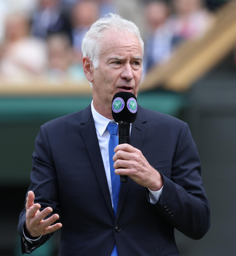 John McEnroe (pictured) talking during a Wimbledon celebration on Centre Court.