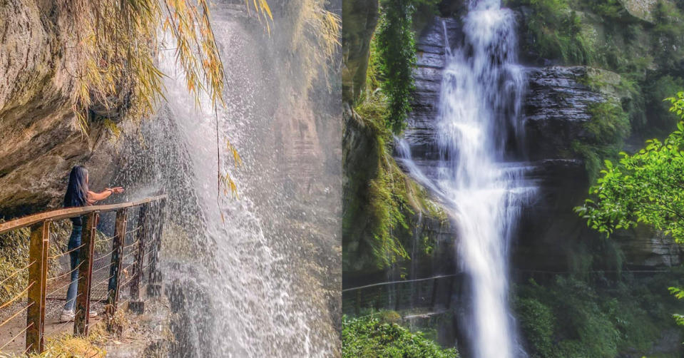 位於梅山的竹坑溪步道，「龍宮瀑布」是必經的拍照景點！沿著峭壁傾瀉而下的龍宮瀑布十分壯觀