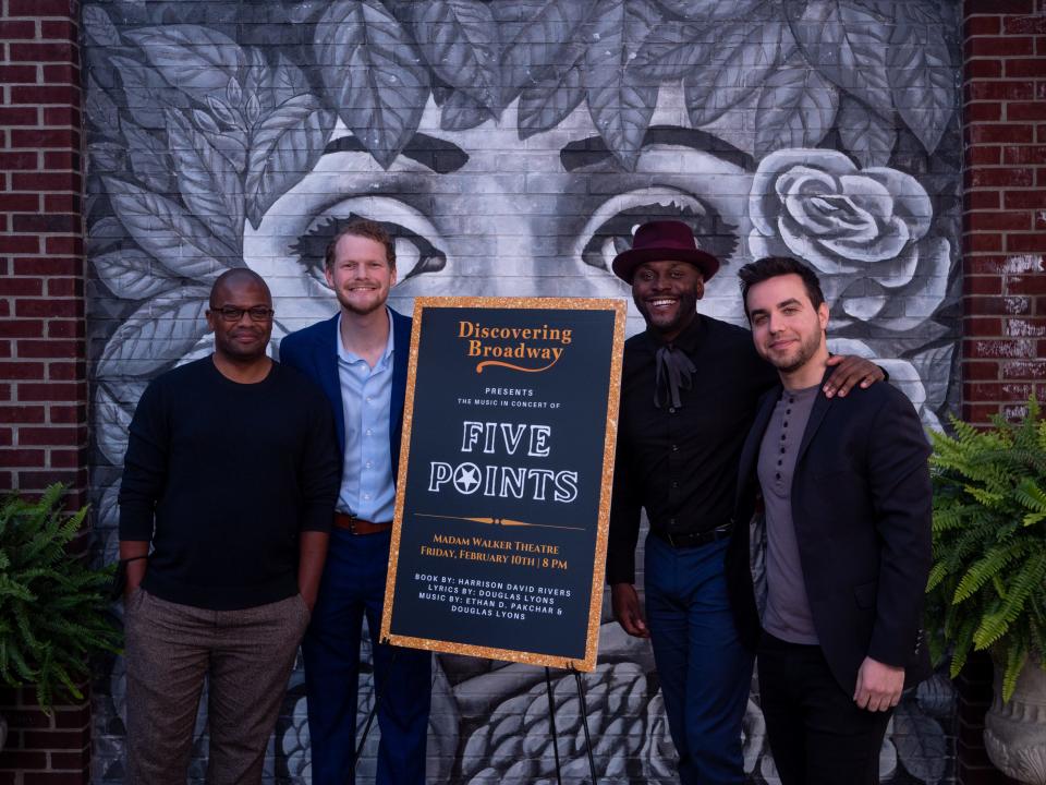 Discovering Broadway and founder Joel Kirk (second from left) organized a retreat for the creative team of "Five Points," including writer Harrison David Rivers (far left), lyrcist and composer Douglas Lyons (second from right) and composer Ethan D. Pakchar (far right).