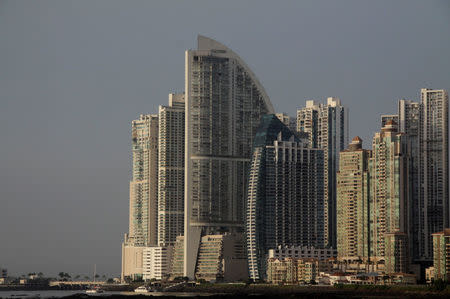 The Trump Ocean Club International Hotel and Tower Panama (3rd L) is seen between apartment buildings in Panama City, Panama October 15, 2017. Picture taken October 15, 2017. To match Special Report USA-TRUMP/PANAMA REUTERS/Carlos Lemos