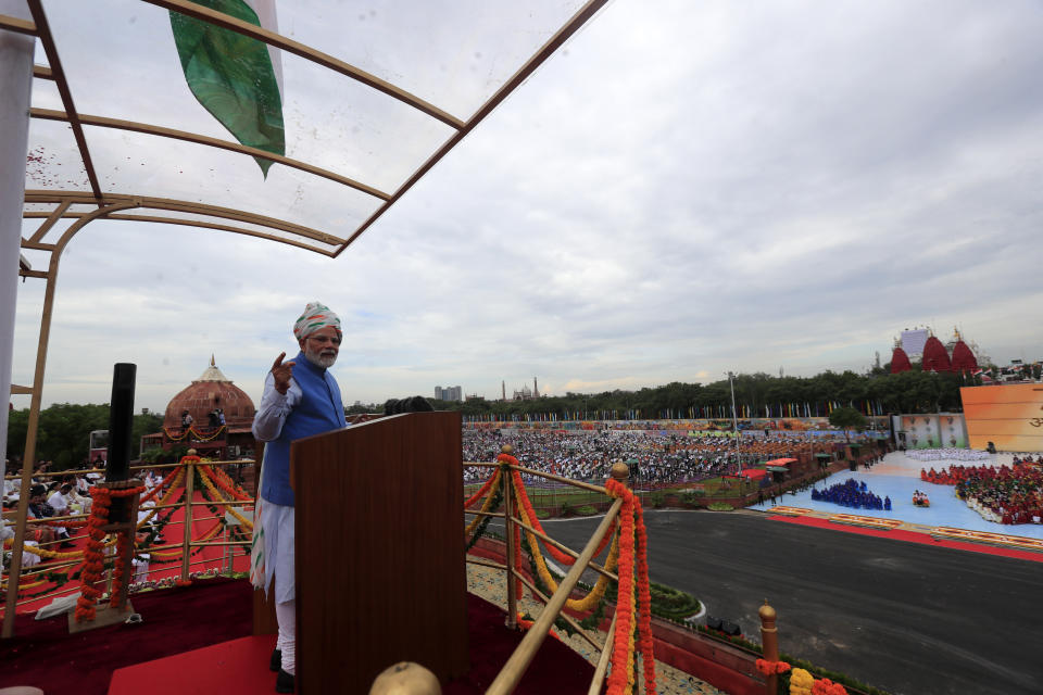 Indian Prime Minister Narendra Modi addresses the nation from 17th-century Mughal-era Red Fort on Independence Day in New Delhi, India, Monday, Aug.15, 2022. The country is marking the 75th anniversary of its independence from British rule. (AP Photo/Pankaj Nangia)