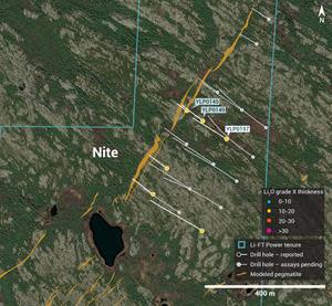 Plan view showing the surface expression of the Nite pegmatite with diamond drill holes reported in this press release.