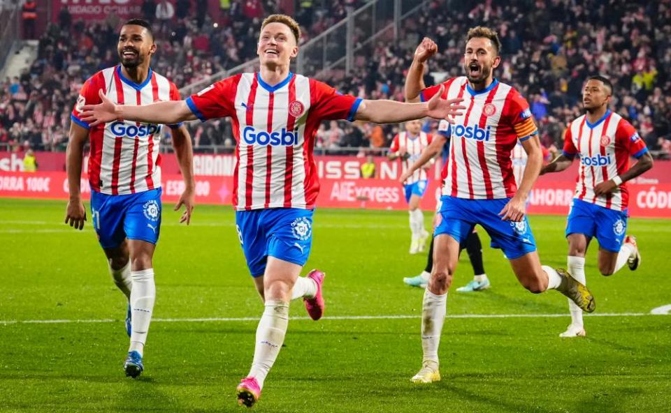 Girona striker Viktor Tsyhankov celebrates after scoring against Athletic Bilbao