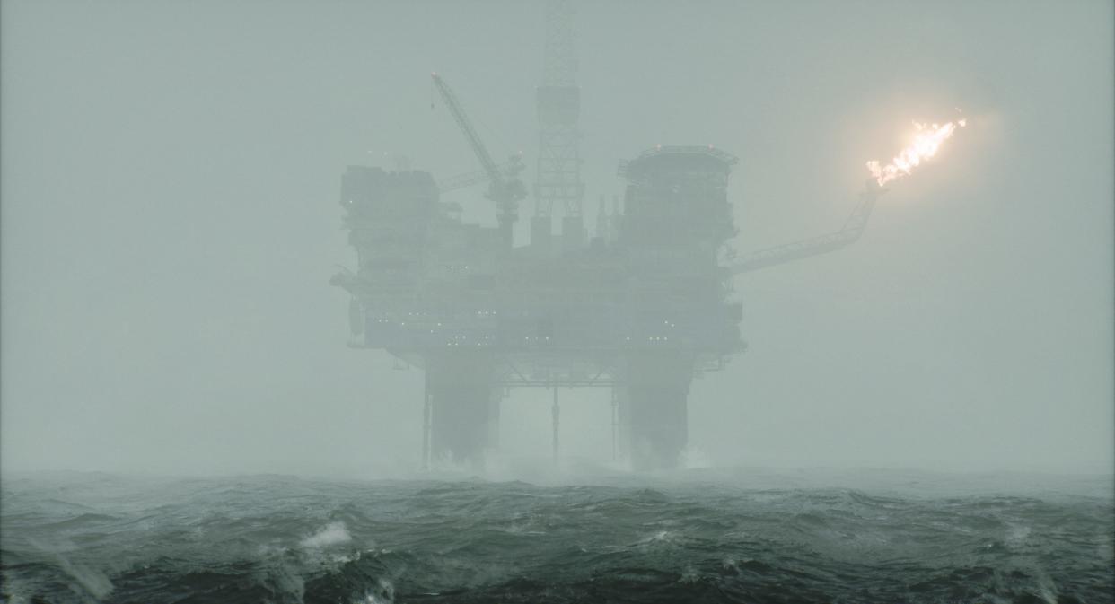  The Beira D oil rig in a misty scene from the game Still Wakes the Deep. 