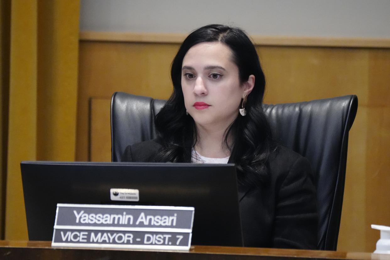 Vice Mayor Yassamin Ansari listens to public comments on issues related to trailer parks and low-income housing during a Phoenix City Council meeting on March 22, 2023.