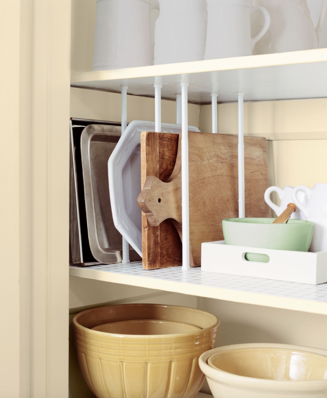 pantry organization ideas white tray dividers on the shelf