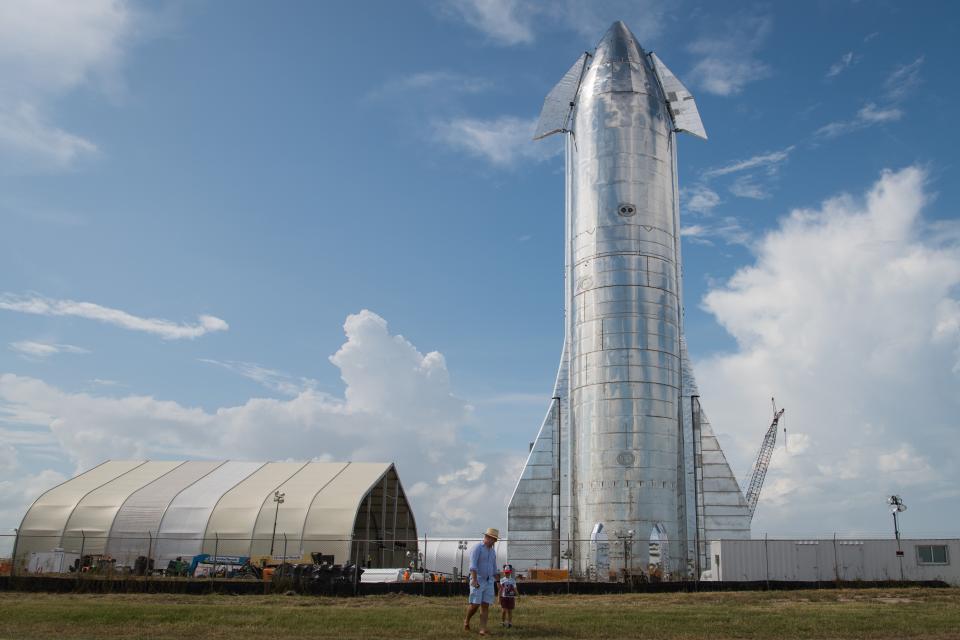 A prototype of SpaceX’s Starship spacecraft is seen at the company’s Texas launch facility on 28 September, 2019 in Boca Chica near Brownsville, Texas (Getty Images)