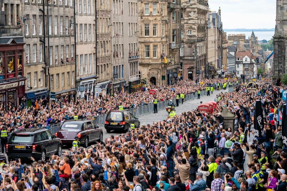 Hundreds of thousands of people are expected to flock to London to watch the once-in-a-lifetime proceedings, just as many did in Edinburgh on Sunday (Getty Images)