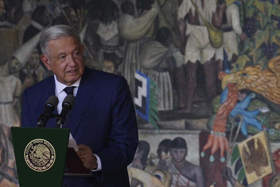 Mexican President Andres Manuel Lopez Obrador presents his fourth year government report before delivering his State of the Nation address at the National Palace in Mexico City, Thursday, Sept. 1, 2022. (AP Photo /Marco Ugarte)