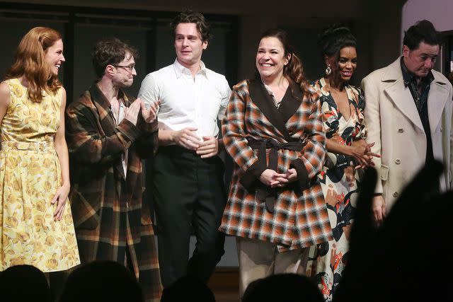 <p>Bruce Glikas/WireImage</p> Daniel Radcliffe, Jonathan Groff and Lindsay Mendez in Merrily We Roll Along in October 2023