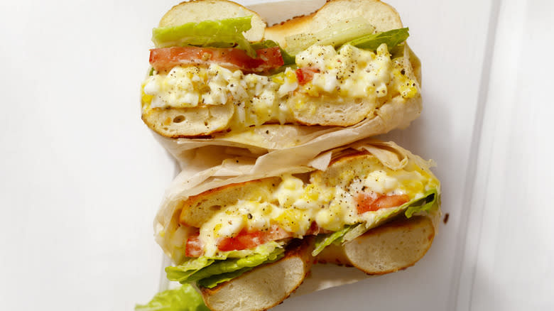 Egg salad bagel halves 