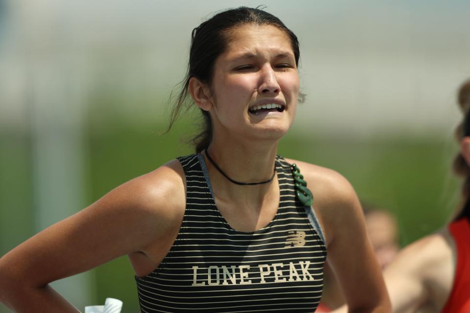 Lone Peak’s Nadia Chiara cries after winning the 6A 300m hurdles as High School athletes gather at BYU in Provo to compete for the state track and field championships on Saturday, May 20, 2023. | Scott G Winterton, Deseret News