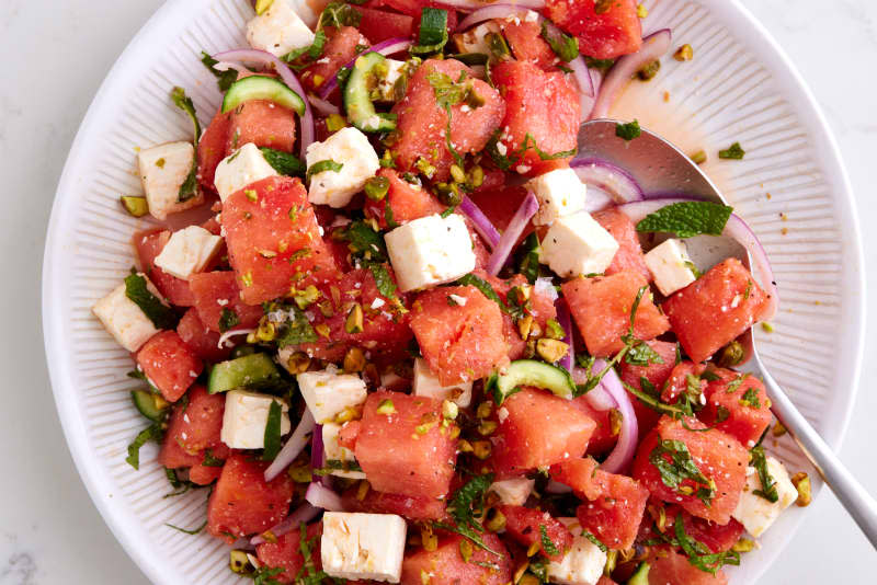 watermelon pasta on ribbed plate