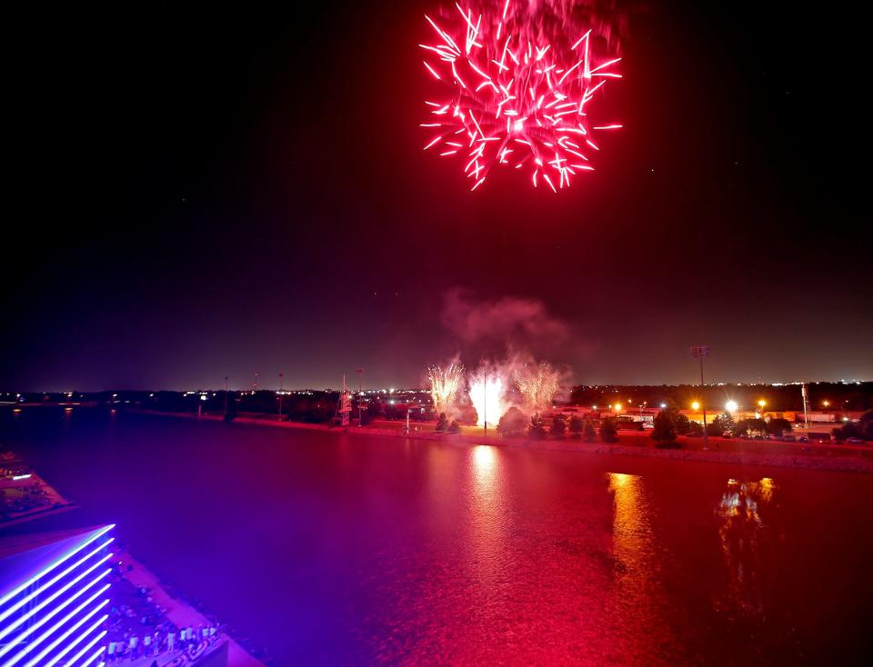 Fireworks light up the sky during the Stars & Stripes River Festival at Riversports Adventures in Oklahoma City, Oklahoma on June 29, 2019.