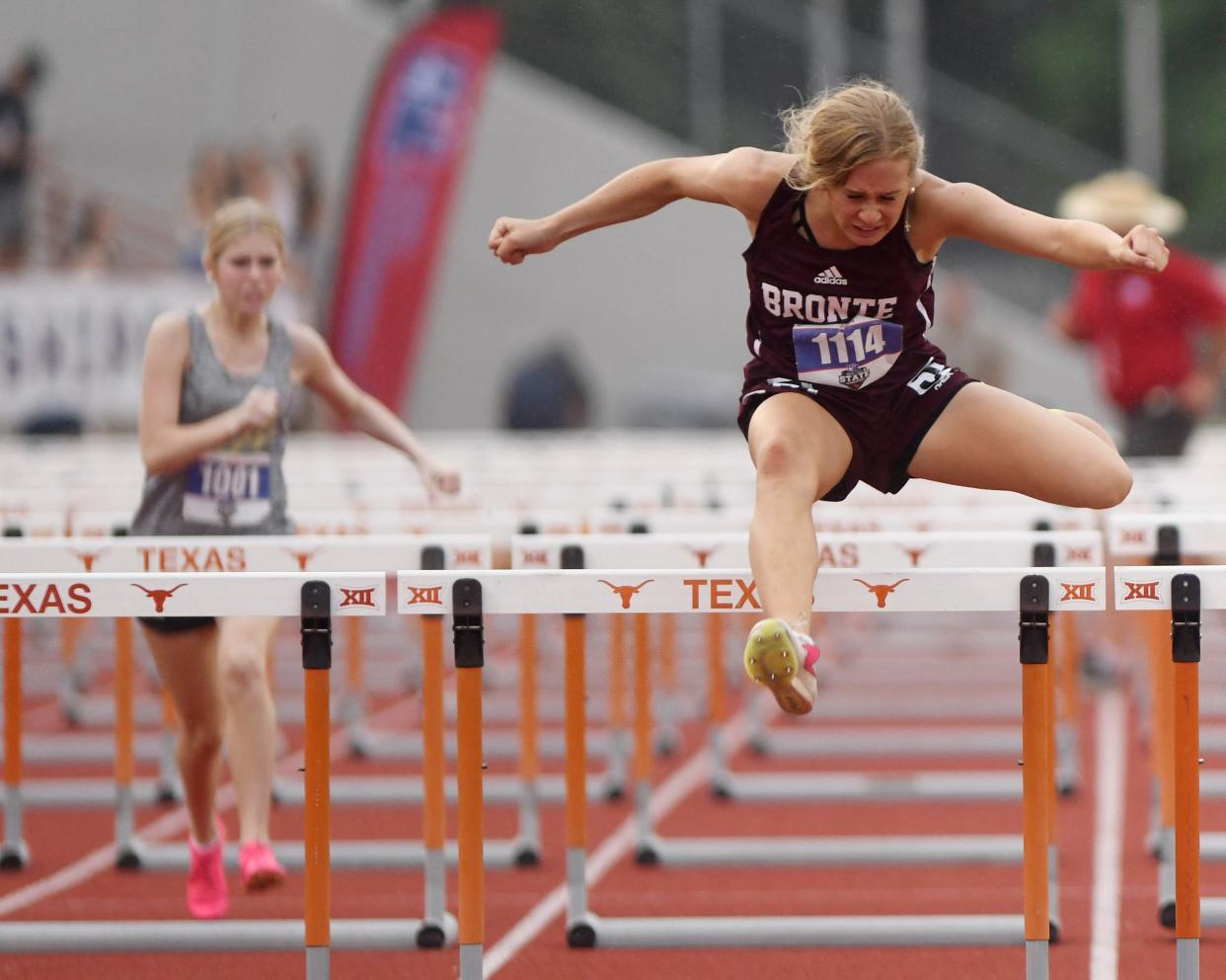Bronte’s Emily Jackson competes in the 100-meter hurdles during the Class 1A UIL State track and field meet, Saturday, May 4, 2024, at Mike A. Myers Stadium in Austin.