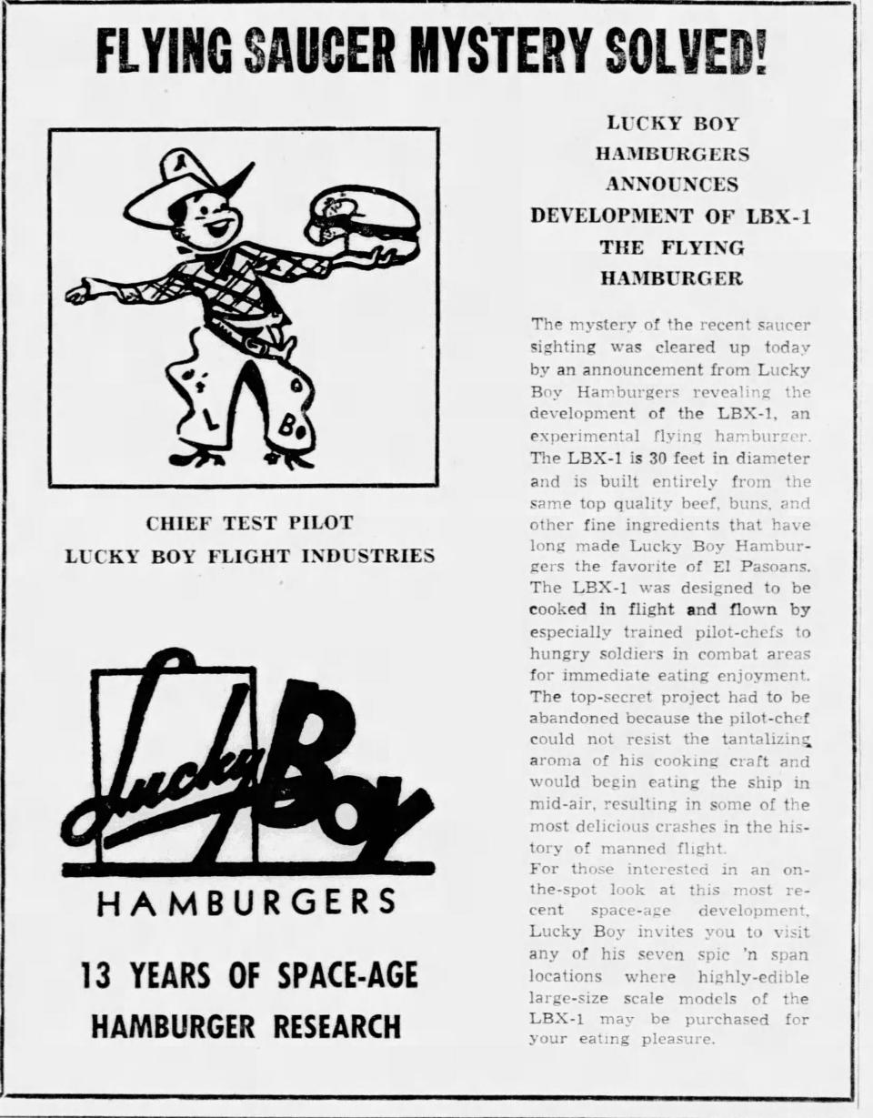 A May 4, 1964 ad by Lucky Boy Hamburgers offered an explanation to the mystery of the saucer sightings.