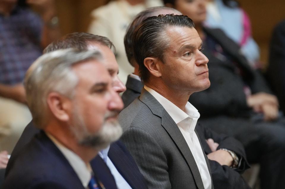 U.S. Sen. Todd Young listens during Indiana's oath of office ceremony Monday, Jan. 9, 2023, at the Indiana Statehouse in Indianapolis.