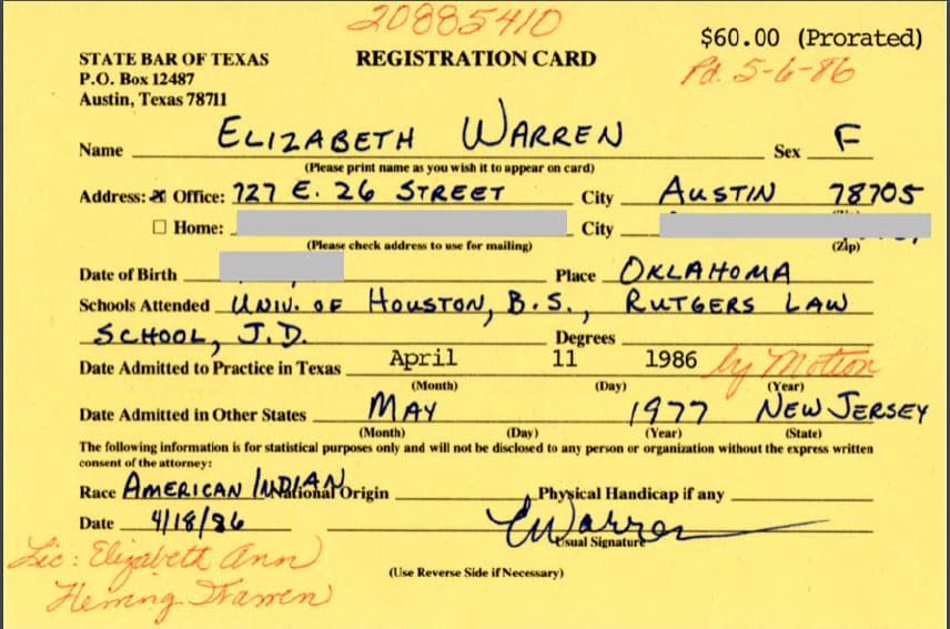 Elizabeth Warren’s registration card for the State Bar of Texas. (Courtesy: Washington Post)