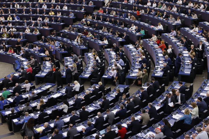 European lawmakers gather to vote at the European Parliament, Wednesday, July 6, 2022 in Strasbourg, eastern France. European Union lawmakers back plan to include natural gas, nuclear energy as sustainable activities(AP Photo/Jean-Francois Badias)